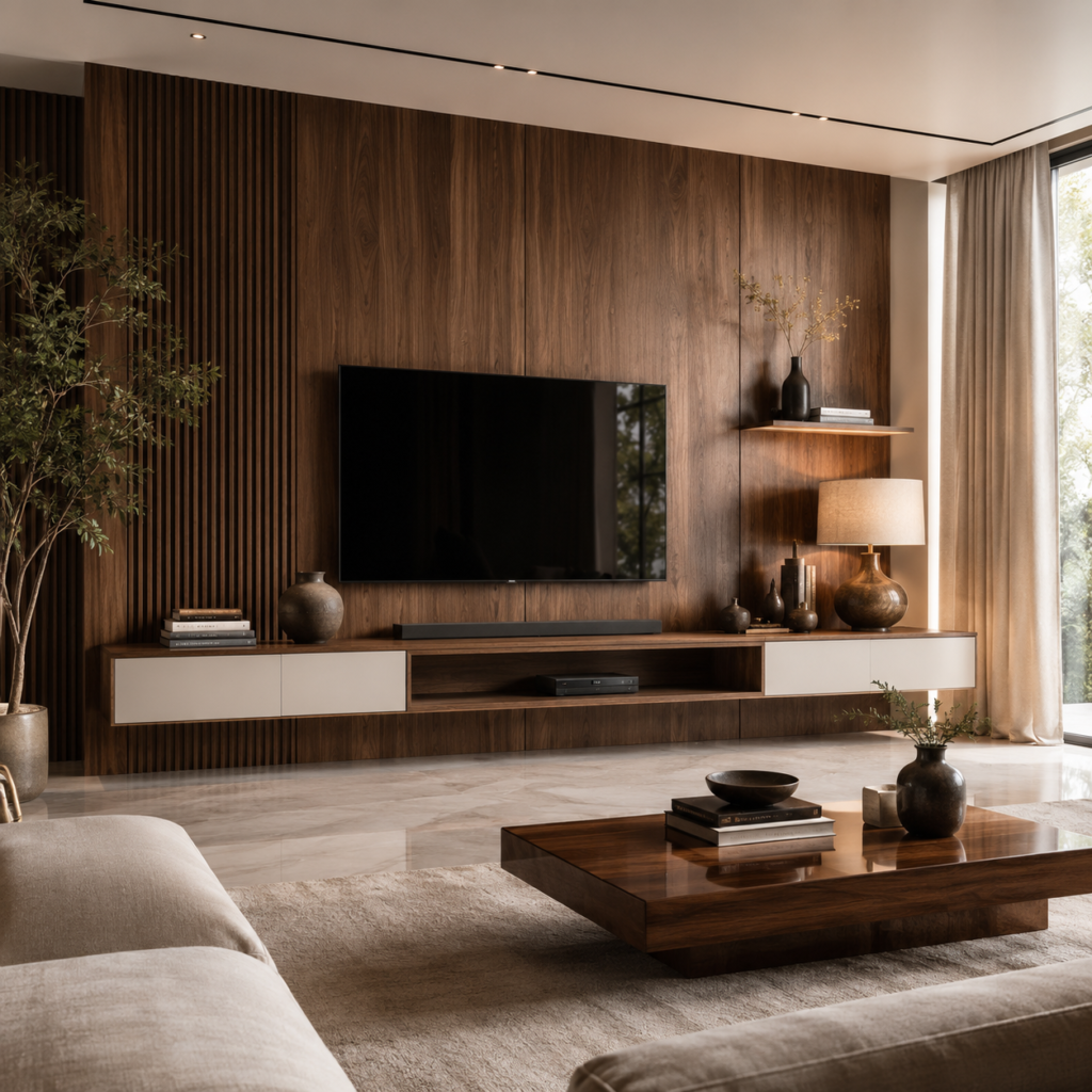 Custom TV unit design with floating cabinet and decorative wooden wall panel for modern living room