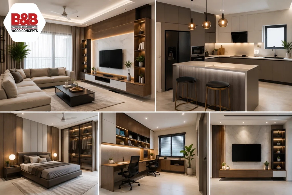 A collage of five modern interior design projects in Vellore, showcasing a luxurious living room, a bespoke modular kitchen, a master bedroom, a home office, and an integrated entertainment center by a leading interior designer near me