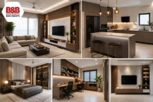 A collage of five modern interior design projects in Vellore, showcasing a luxurious living room, a bespoke modular kitchen, a master bedroom, a home office, and an integrated entertainment center by a leading interior designer near me