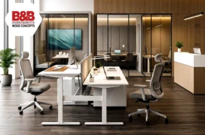 Modern corporate office interior design with ergonomic workstations and collaborative workspace in Vellore.