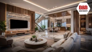 Modern luxury home interior designed by the best interior designer near me in Vellore featuring a premium living room, modular kitchen, dining area, custom TV unit, wooden wall panels, walk-in wardrobe, marble flooring, and elegant staircase.