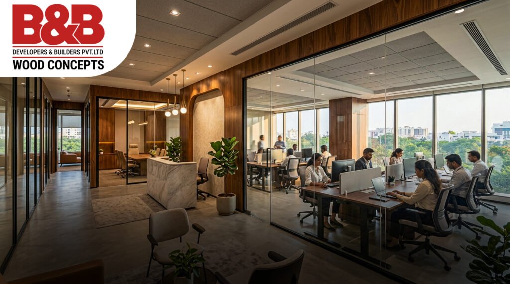 Modern commercial office interior designed by professional commercial interior designers in Vellore with premium workspace solutions