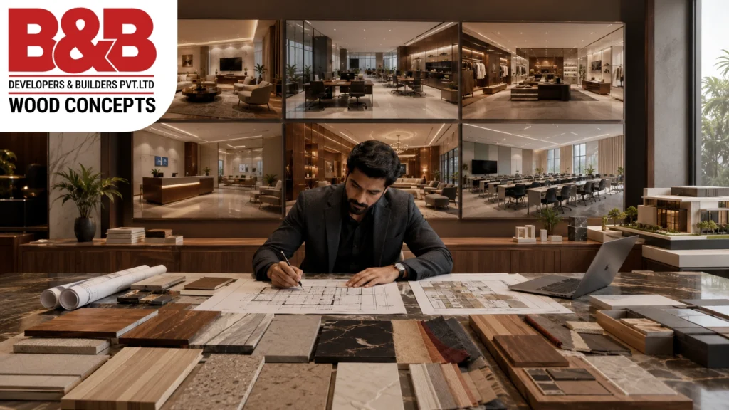 Interior design consultation with architectural plans, premium wood samples and material selections for a professional interior design project in Vellore, Tamil Nadu.