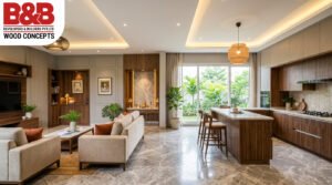 Modern Indian home interior featuring custom wood furniture, layered lighting, natural materials, and smart storage in Vellore
